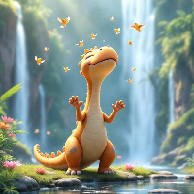 The primary subject of the image is a cartoon dinosaur, specifically a T-Rex, standing in a lush green forest. The setting includes a waterfall in the background, adding to the natural beauty of the scene. The visual style is a digital art or illustration, creating a whimsical and playful atmosphere. The colors are predominantly green, with the dinosaur being orange, and the overall mood is light-hearted and fun.